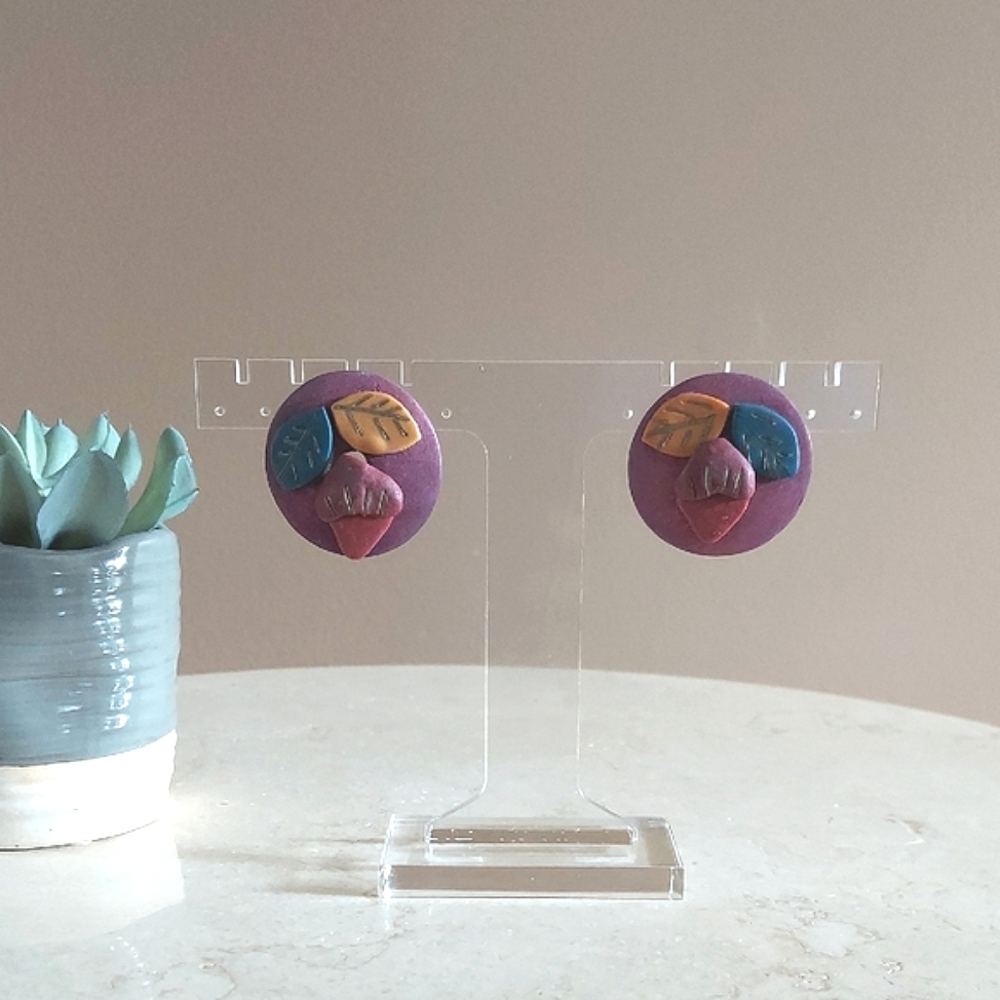 Vintage 1990s Acorn and Leaves Wooden Circular Post Back Earrings Purple Yellow